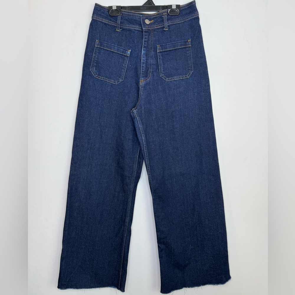 Zara Wide Leg Raw Hem Dark Wash Jeans Womens US 8